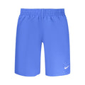Nike blue polyester men's swimwear with adjustable waistband and side pockets, designed for comfort and performance in the water.