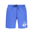 Nike blue polyester men's swimwear shorts with elastic waistband and Nike logo, suitable for swimming and beachwear.