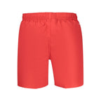 Nike red polyester men's swimwear with a sleek design and adjustable waistband, ideal for swimming and beach activities.