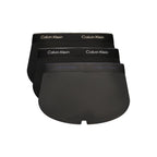 Calvin Klein black cotton men's briefs with elastic waistband and logo detailing, close-up view of the underwear.