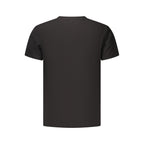 Black cotton men's T-shirt by Tommy Hilfiger, featuring a classic crew neck and logo detail, laid flat on a white background.