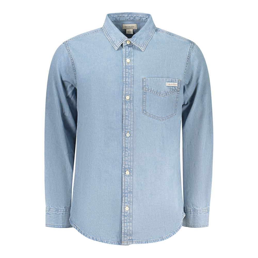 Calvin Klein Azzurro cotton men's shirt with a classic fit, featuring a button-down collar and long sleeves.