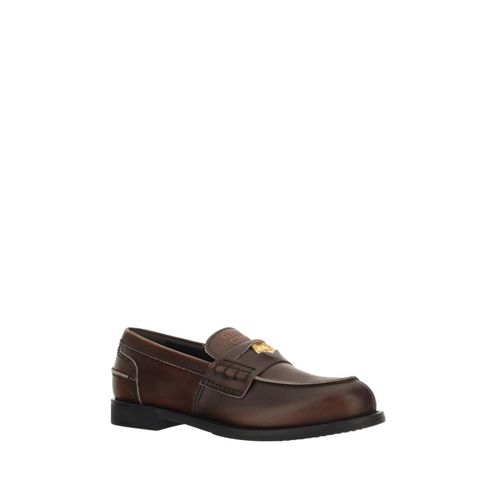 Miu Miu Brown Calf Leather Bos Taurus Slip-On Loafers Miu Miu