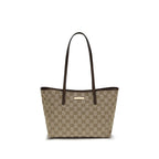 Gucci beige fabric handbag with top handles and subtle branding, showcasing a stylish and elegant accessory for everyday use.