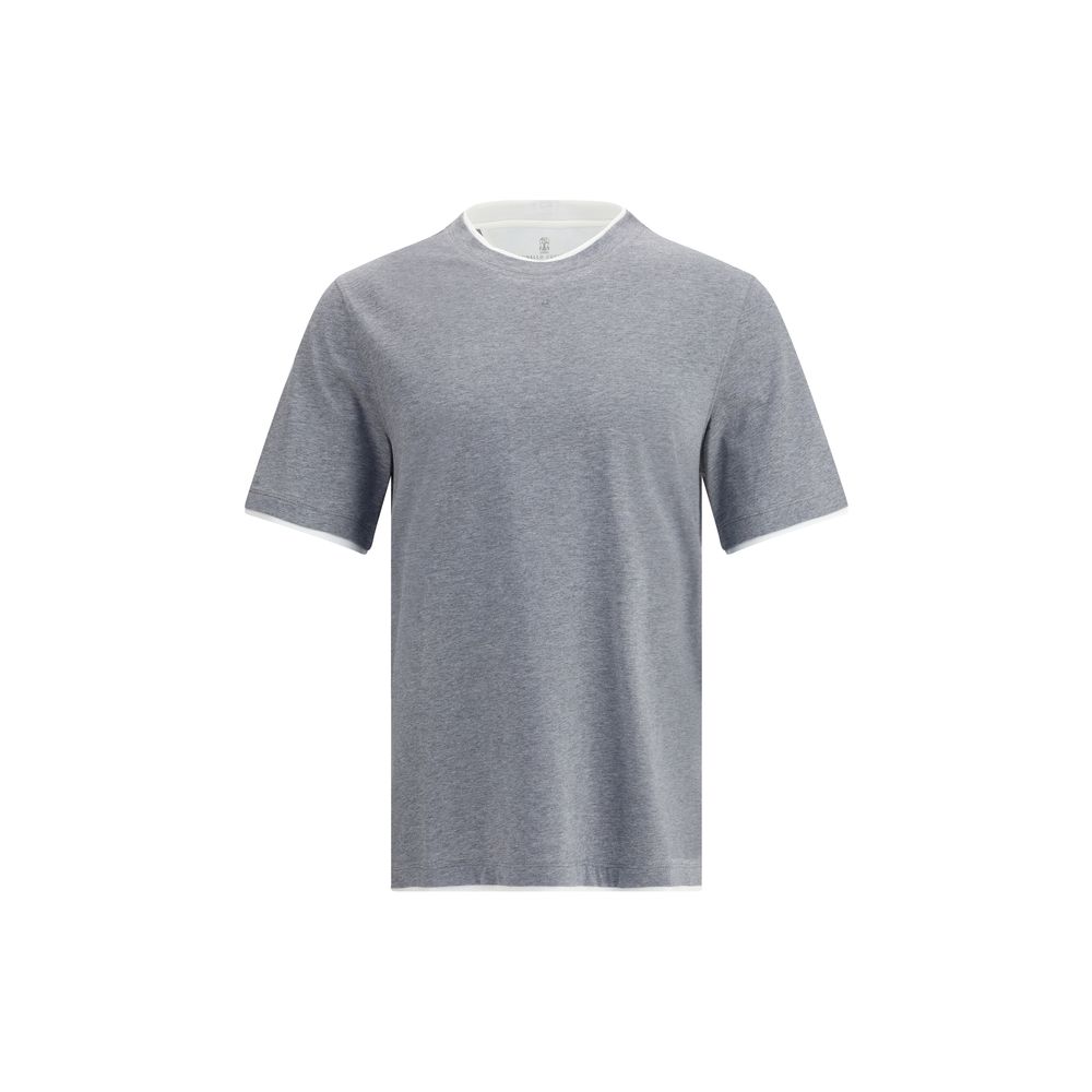 Gray cotton T-shirt by Brunello Cucinelli, featuring a classic fit and subtle branding, displayed on a hanger.