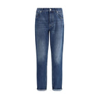 Brunello Cucinelli blue cotton straight-leg jeans displayed flat with visible stitching and classic five-pocket design.