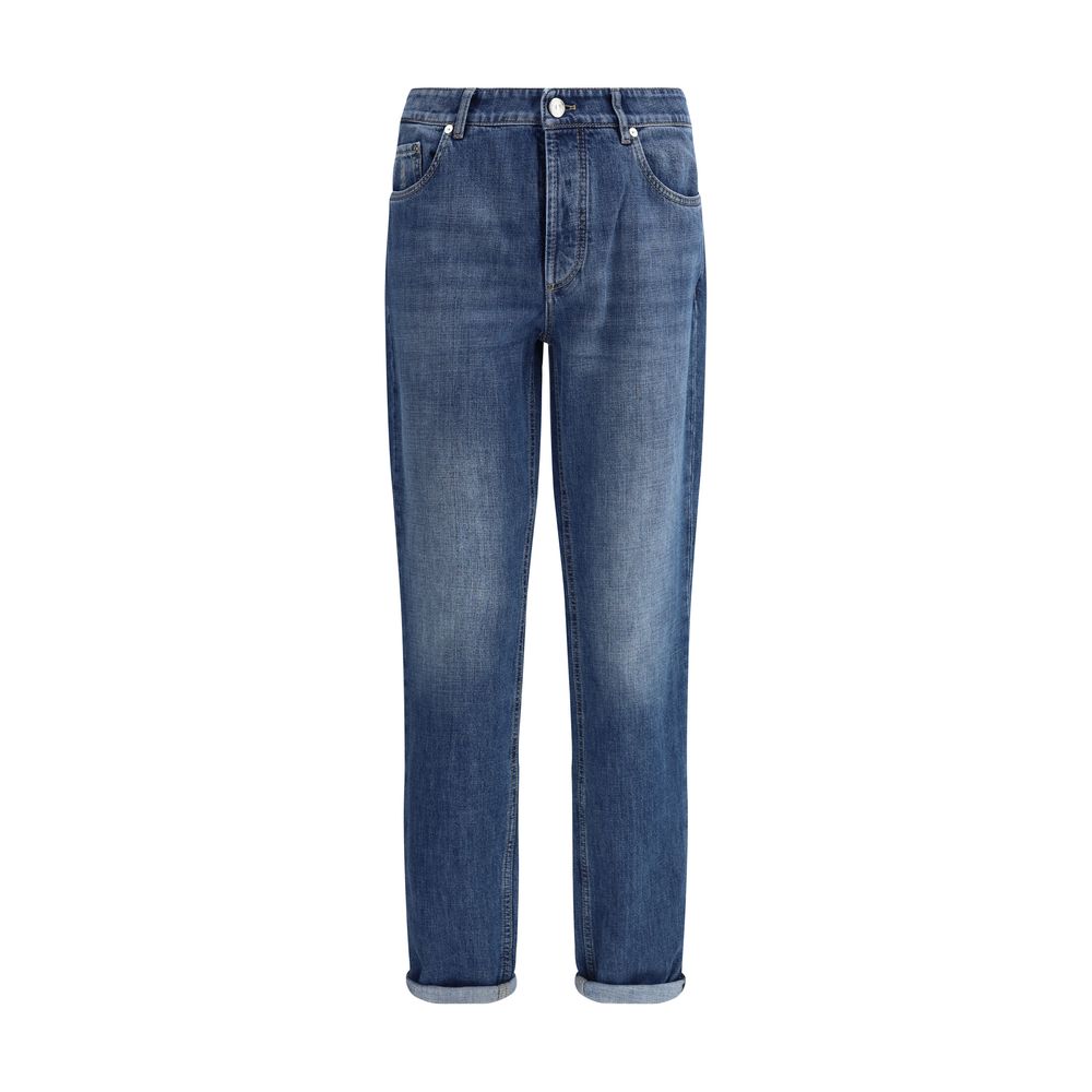 Brunello Cucinelli blue cotton straight-leg jeans displayed flat with visible stitching and classic five-pocket design.