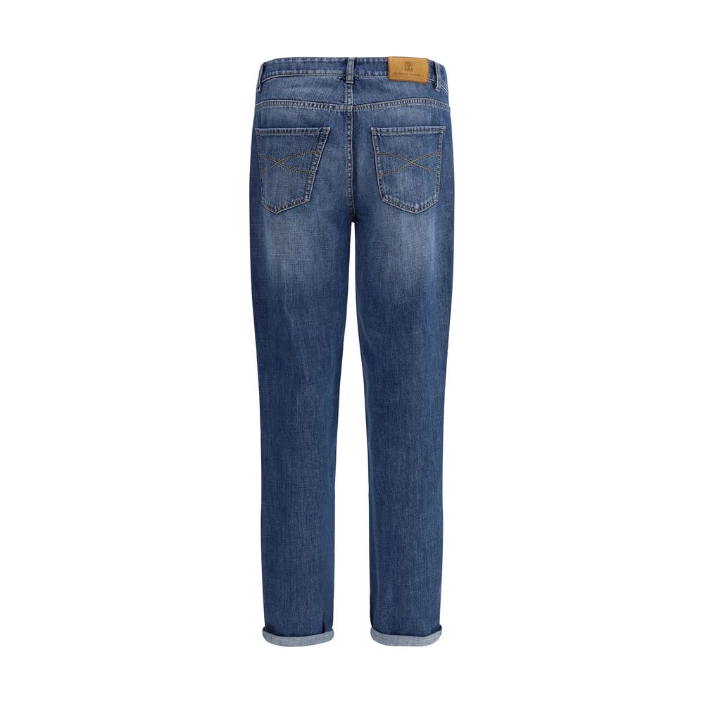 Brunello Cucinelli blue cotton straight-leg jeans displayed flat, showing classic denim style with a clean, tailored fit.