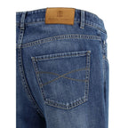 Blue cotton straight-leg jeans by Brunello Cucinelli, showing classic fit and detailed stitching.