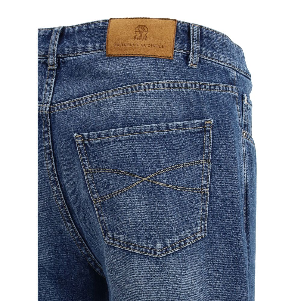 Blue cotton straight-leg jeans by Brunello Cucinelli, showing classic fit and detailed stitching.