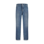 Brunello Cucinelli blue cotton straight-leg jeans showing classic fit and detailed stitching on a white background.
