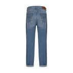 Brunello Cucinelli blue cotton straight-leg jeans displayed on a model, showcasing classic fit and clean design.