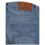 Brunello Cucinelli blue cotton straight-leg jeans displayed flat, showing classic fit and clean denim with subtle stitching details.
