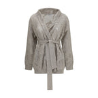 Beige linen cardigan by Brunello Cucinelli, featuring a soft knit texture and classic design, displayed on a hanger.