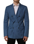 Blue cotton double-breasted men's coat blazer by Dolce & Gabbana, featuring classic design and tailored fit.