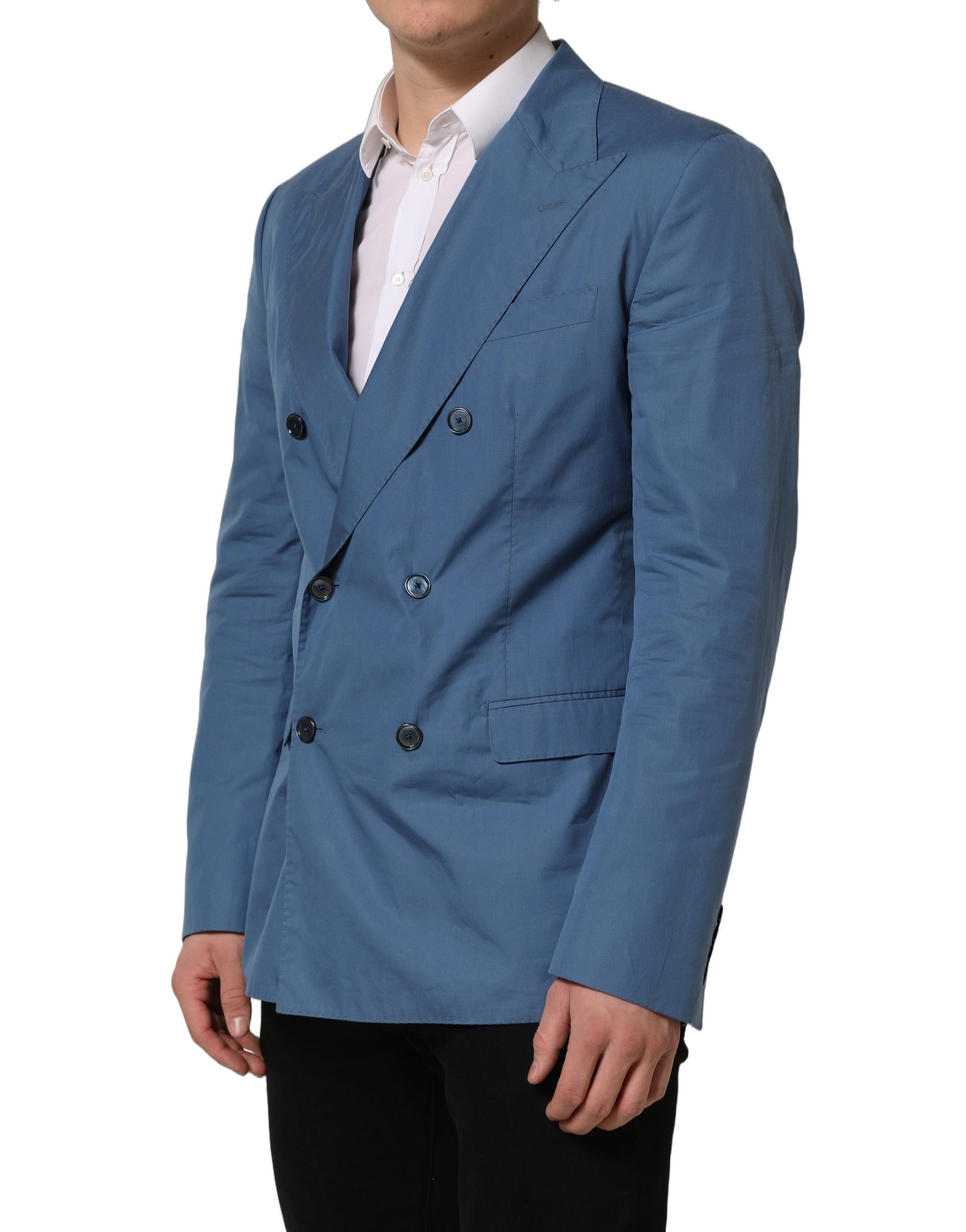 Dolce & Gabbana Blue Cotton Double Breasted Men Coat Blazer Dolce & Gabbana