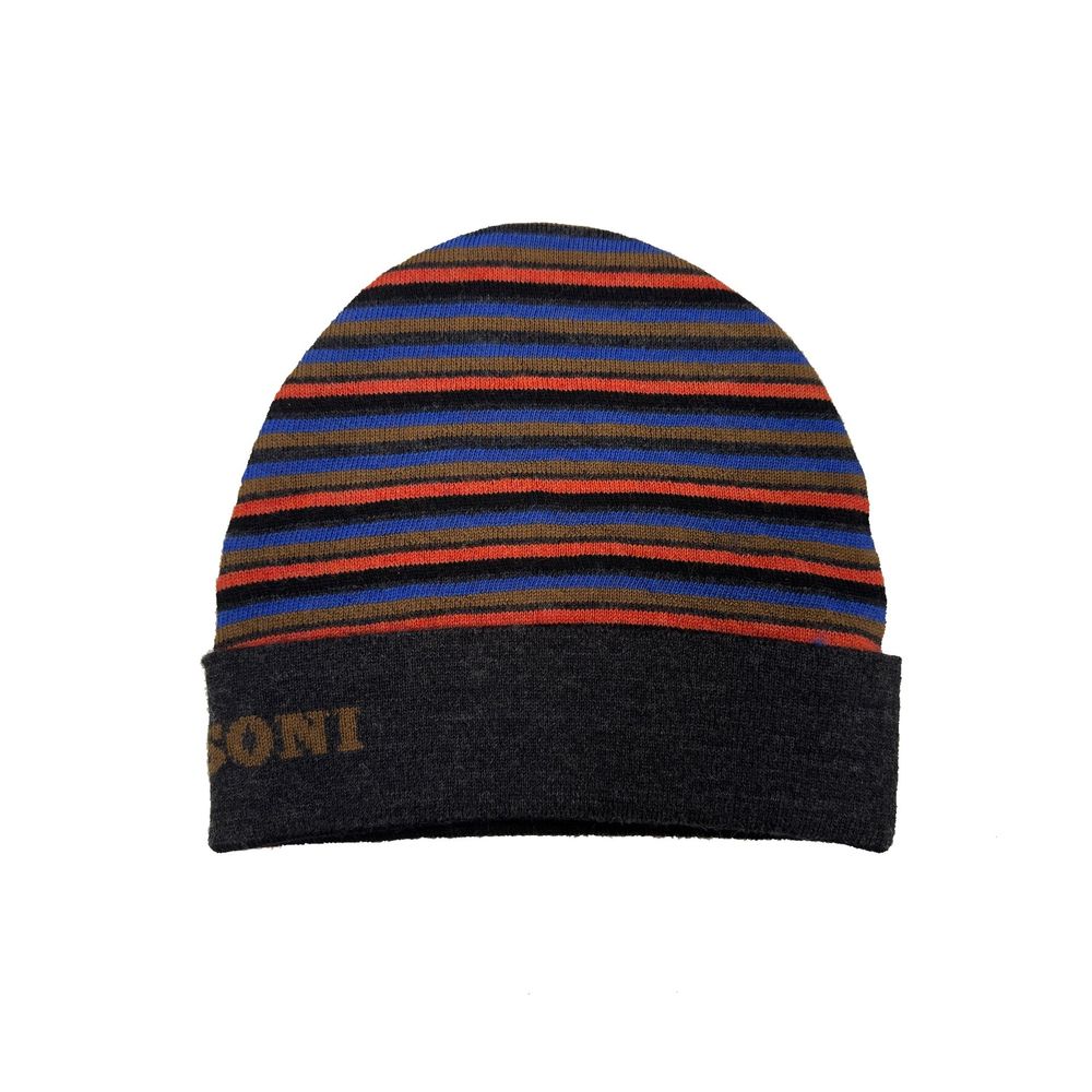 Missoni gray wool beanie hat with knit pattern, cozy winter accessory for warmth and style.