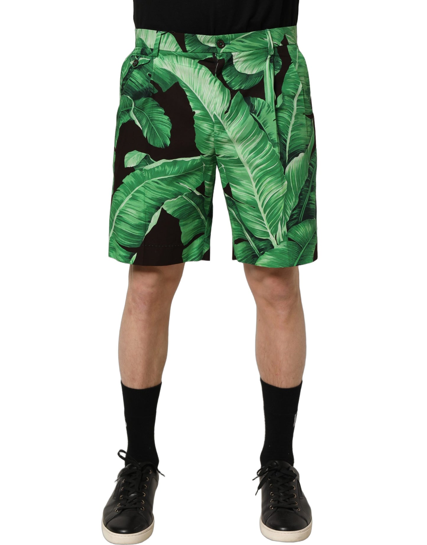 Dolce & Gabbana Black Green Banana Leaf Men Bermuda Shorts Dolce & Gabbana