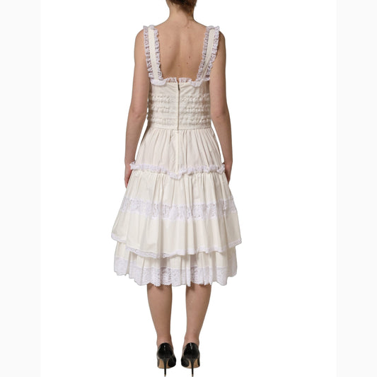 Dolce & Gabbana White Cotton Poplin Ruffled Midi Dress Dolce & Gabbana
