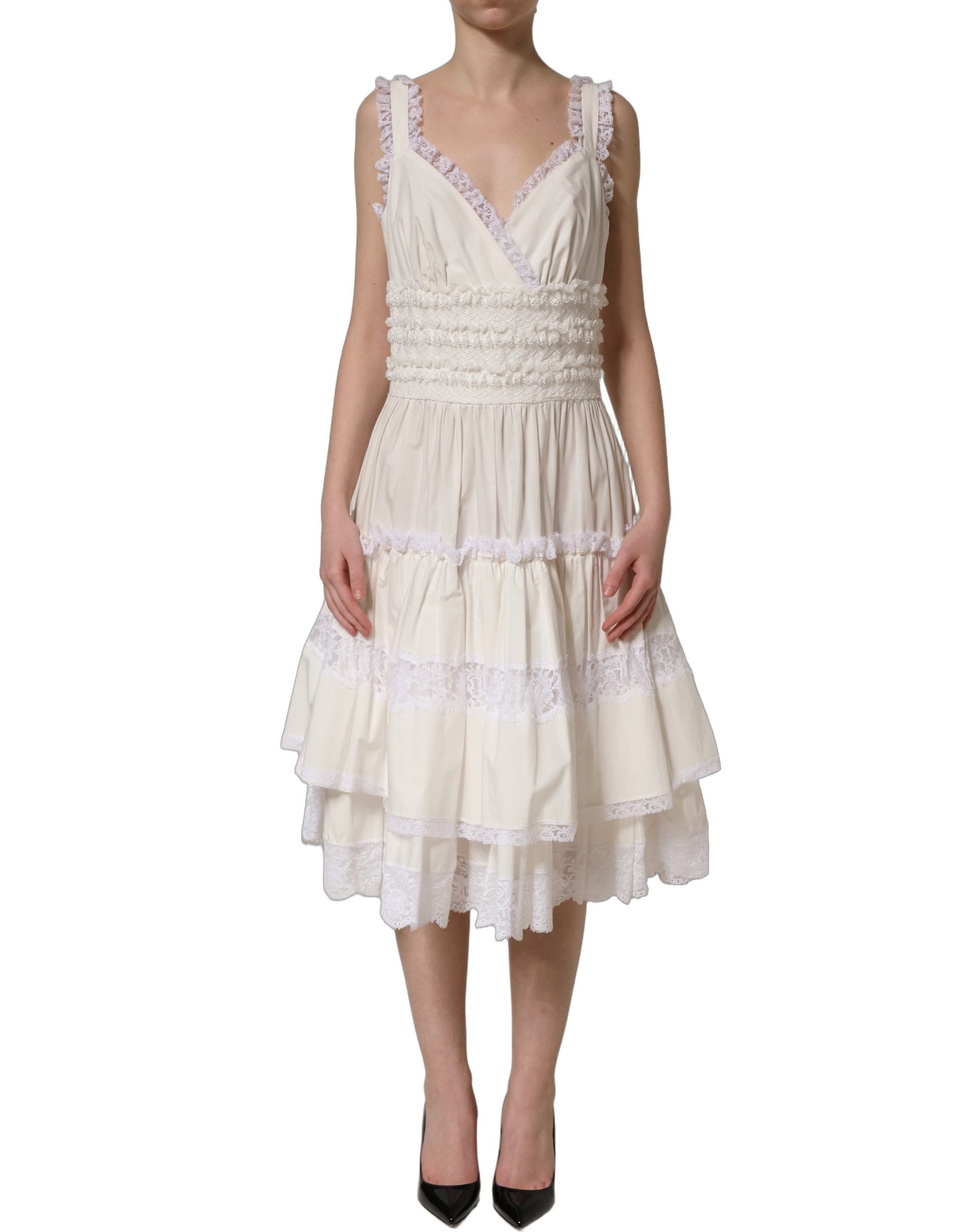 Dolce & Gabbana White Cotton Poplin Ruffled Midi Dress Dolce & Gabbana