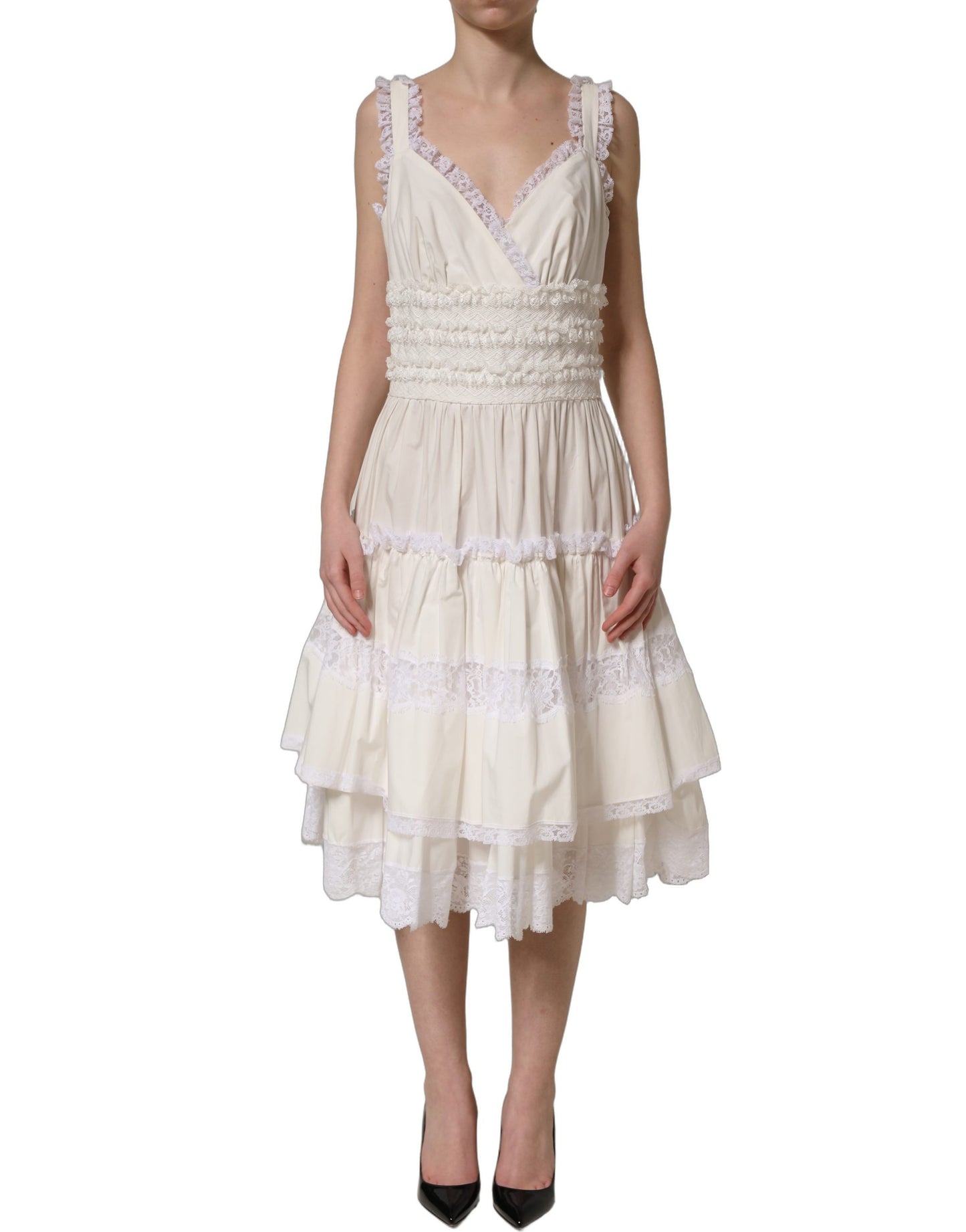 Dolce & Gabbana White Cotton Poplin Ruffled Midi Dress Dolce & Gabbana