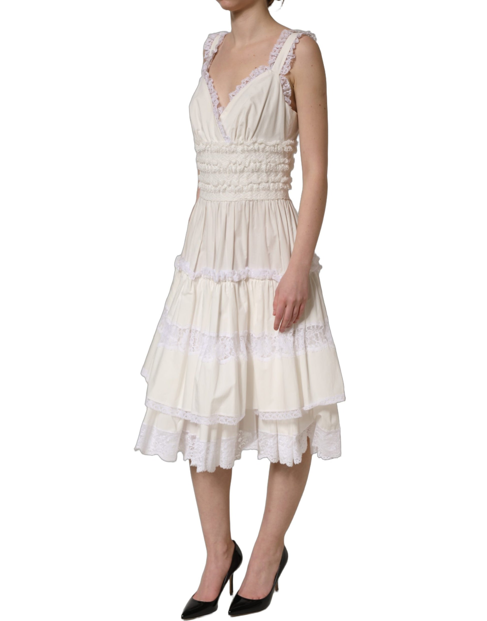 Dolce & Gabbana White Cotton Poplin Ruffled Midi Dress Dolce & Gabbana