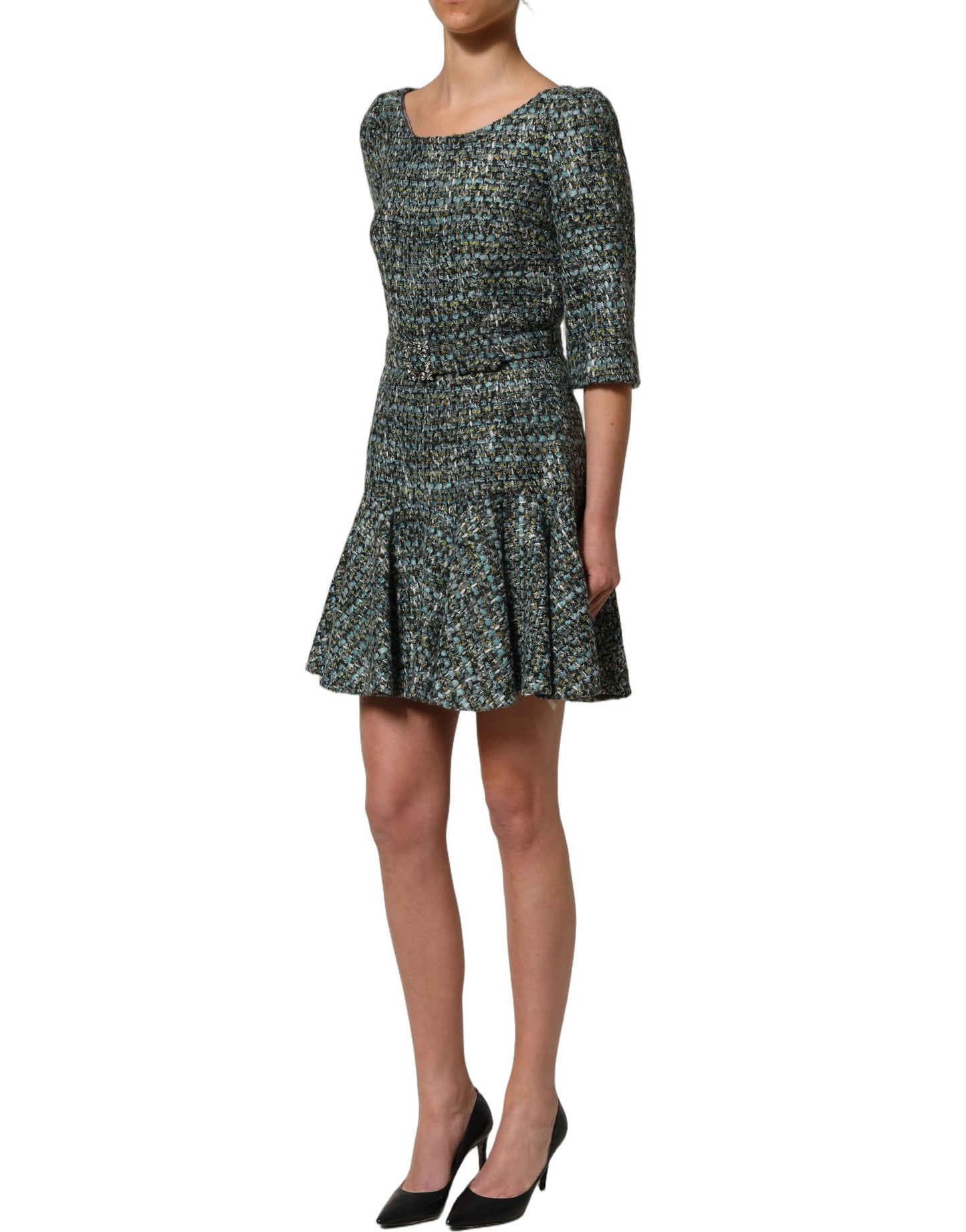 Dolce & Gabbana Multicolor Tweed Belted Babydoll Mini Dress Dolce & Gabbana