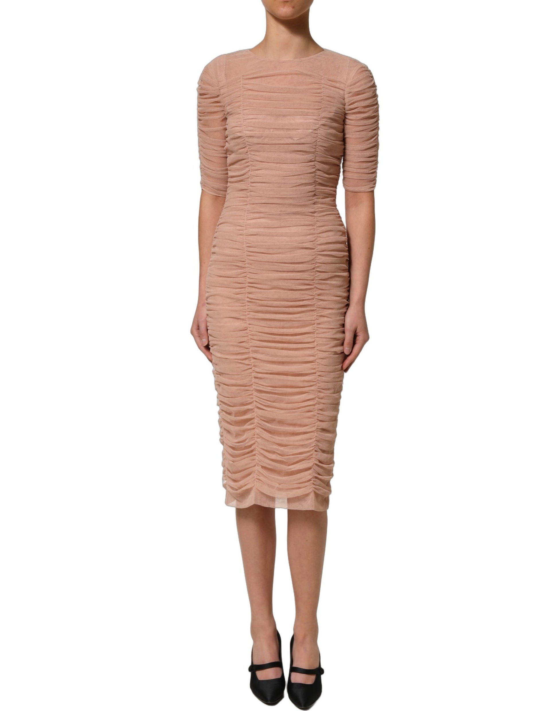 Dolce & Gabbana Beige Cotton Mesh Ruched Sheath Midi Dress Dolce & Gabbana