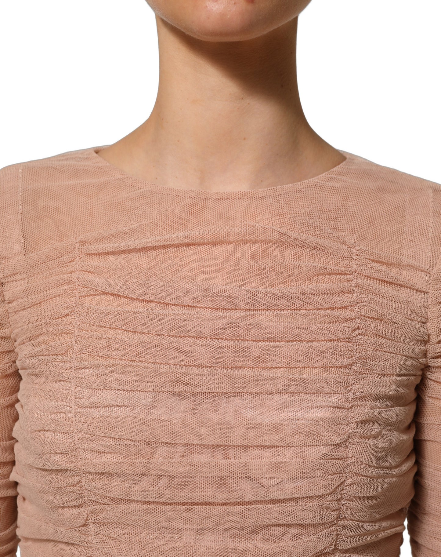 Dolce & Gabbana Beige Cotton Mesh Ruched Sheath Midi Dress Dolce & Gabbana