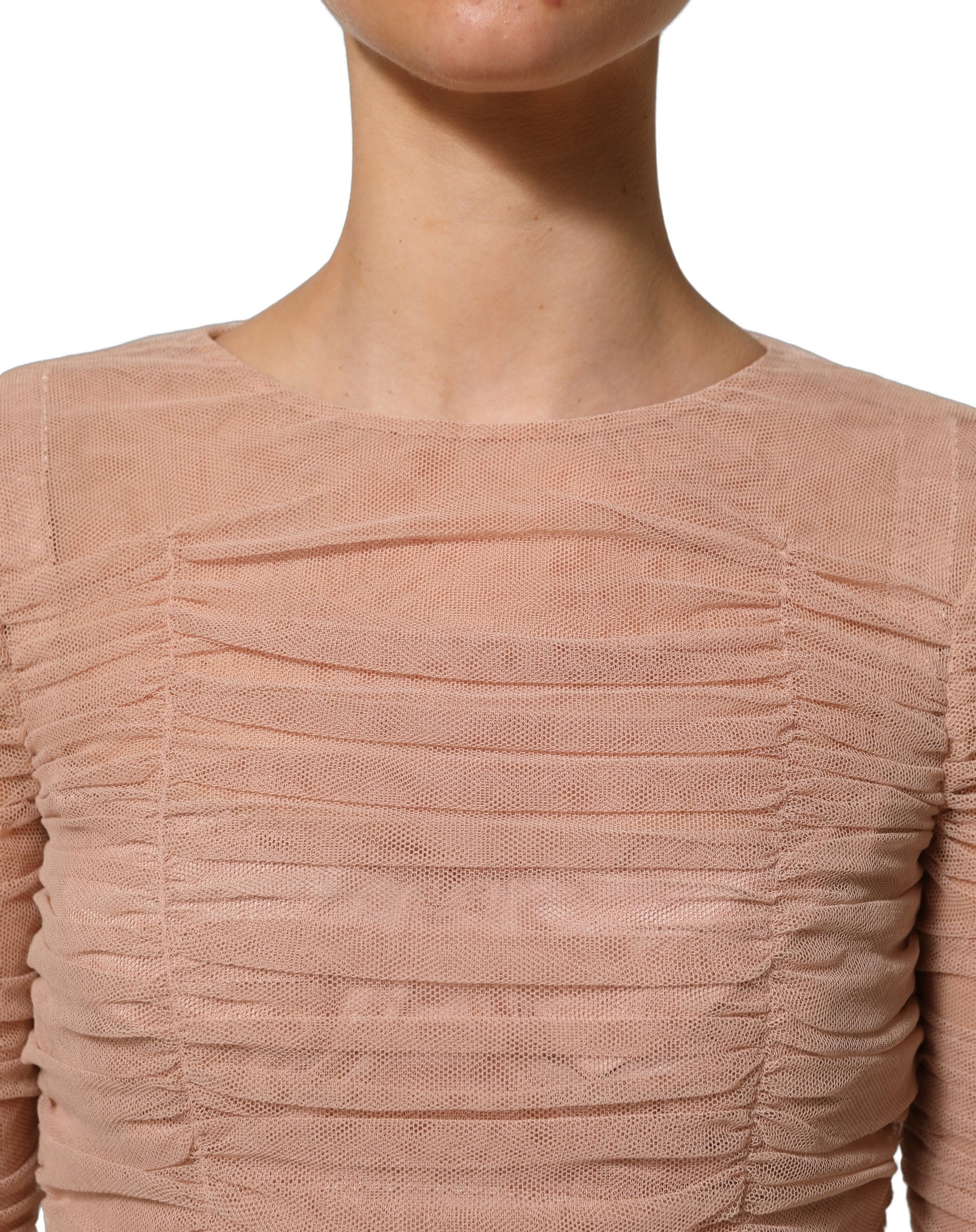 Dolce & Gabbana Beige Cotton Mesh Ruched Sheath Midi Dress Dolce & Gabbana