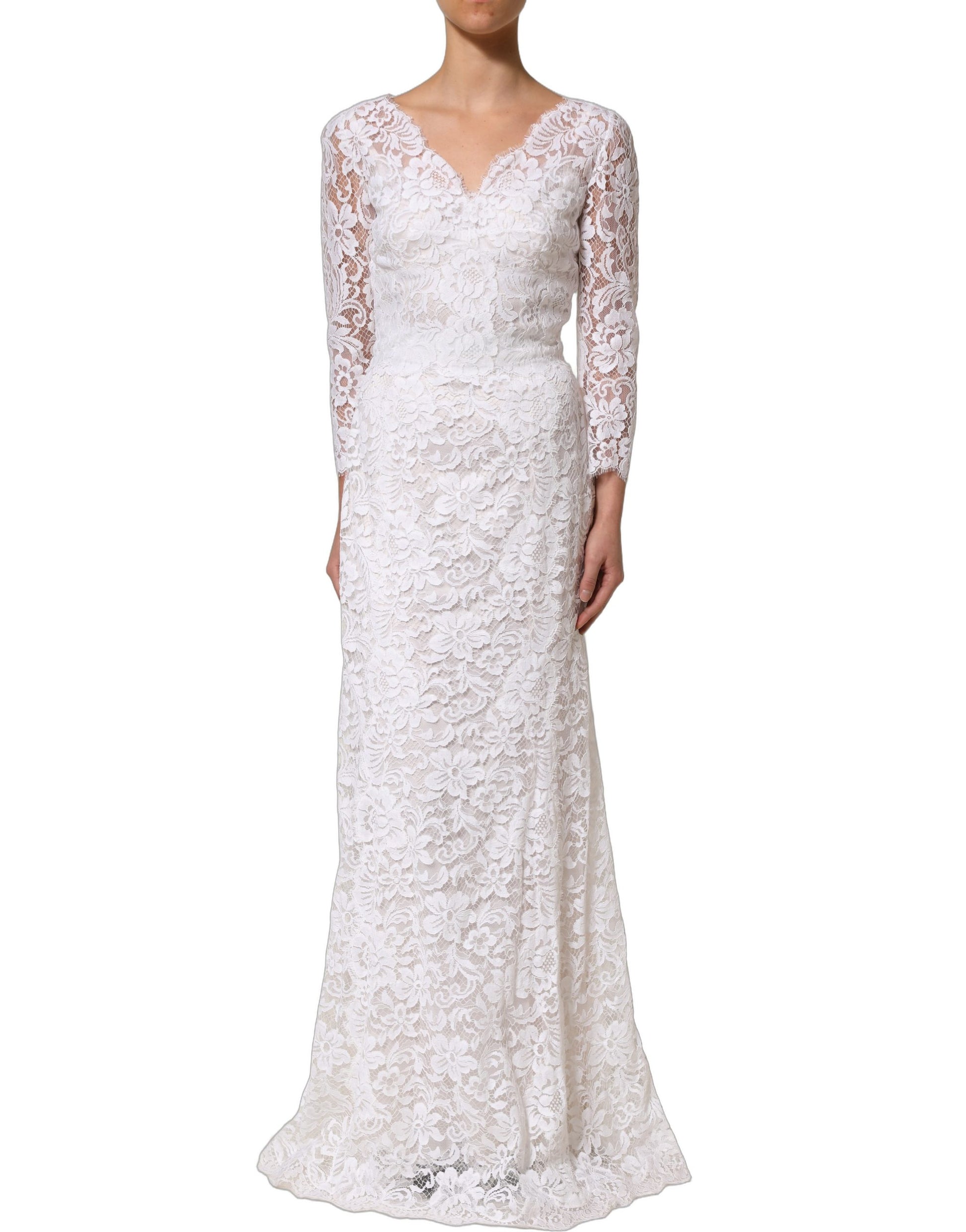 Dolce & Gabbana White Cotton Floral Lace Long Gown Dress Dolce & Gabbana