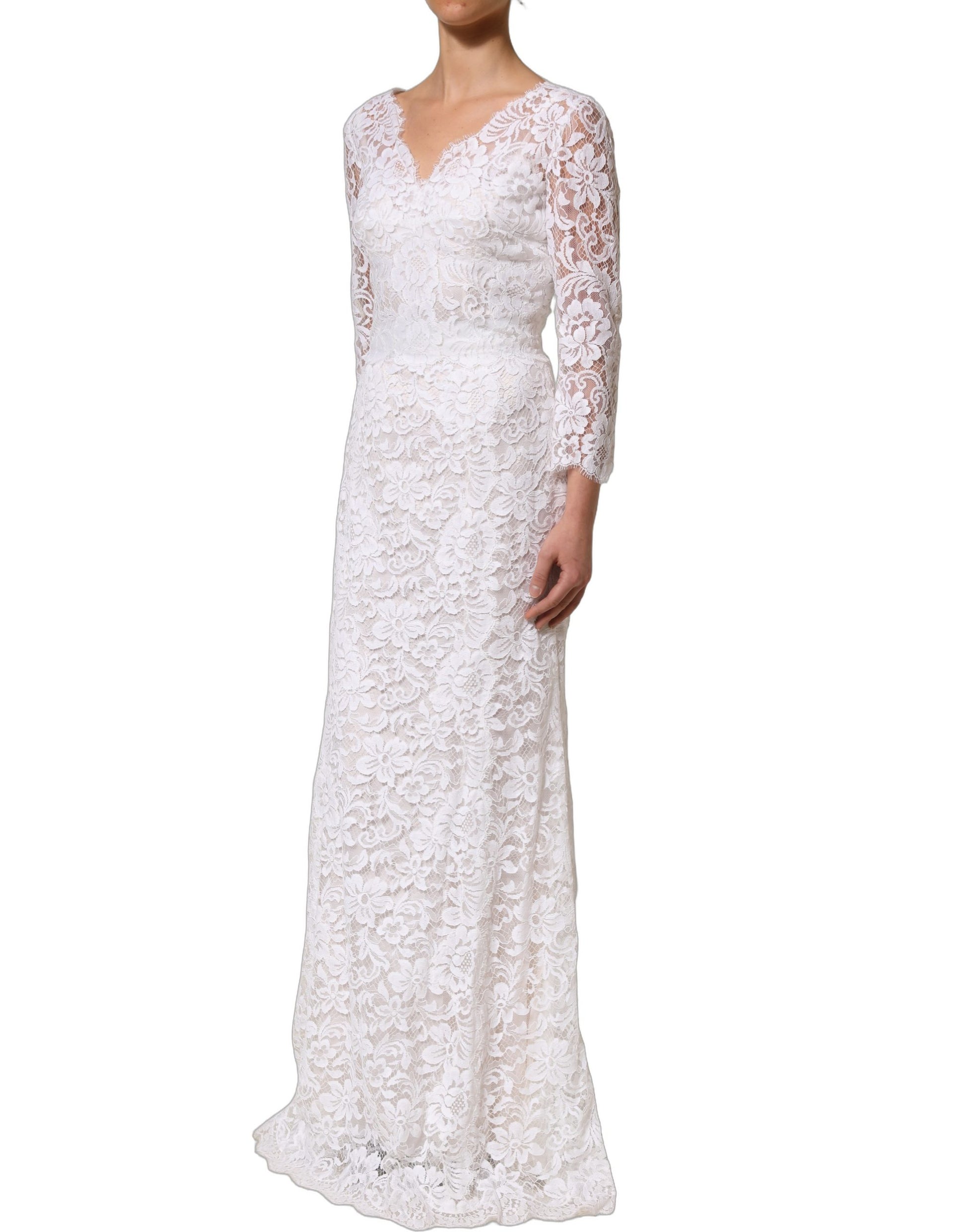Dolce & Gabbana White Cotton Floral Lace Long Gown Dress Dolce & Gabbana