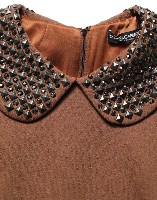 Dolce & Gabbana Brown Wool Rhinestone Embellished Midi Dress Dolce & Gabbana