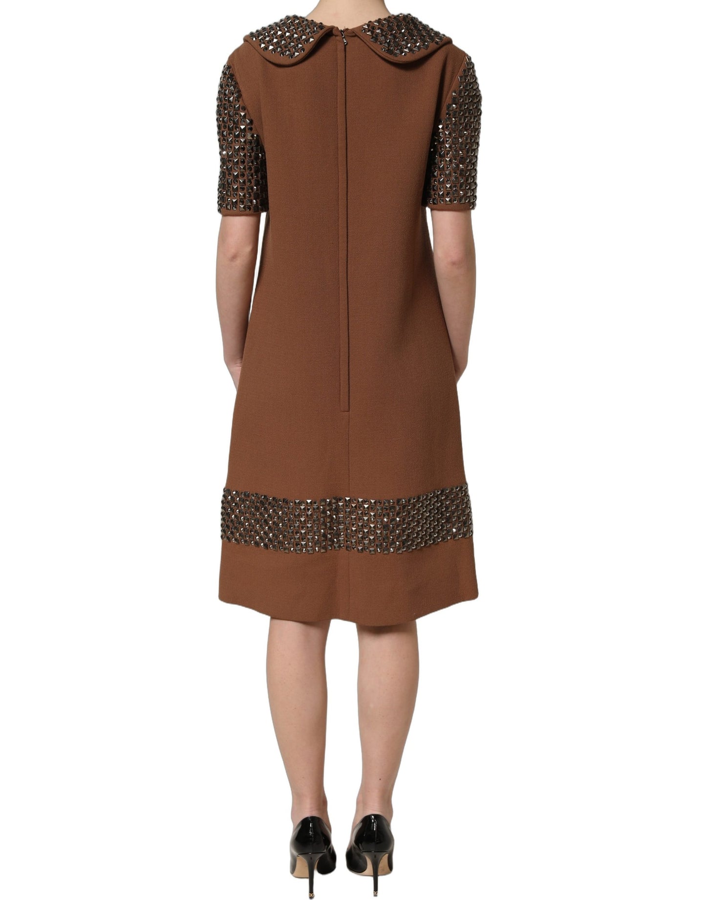 Dolce & Gabbana Brown Wool Rhinestone Embellished Midi Dress Dolce & Gabbana