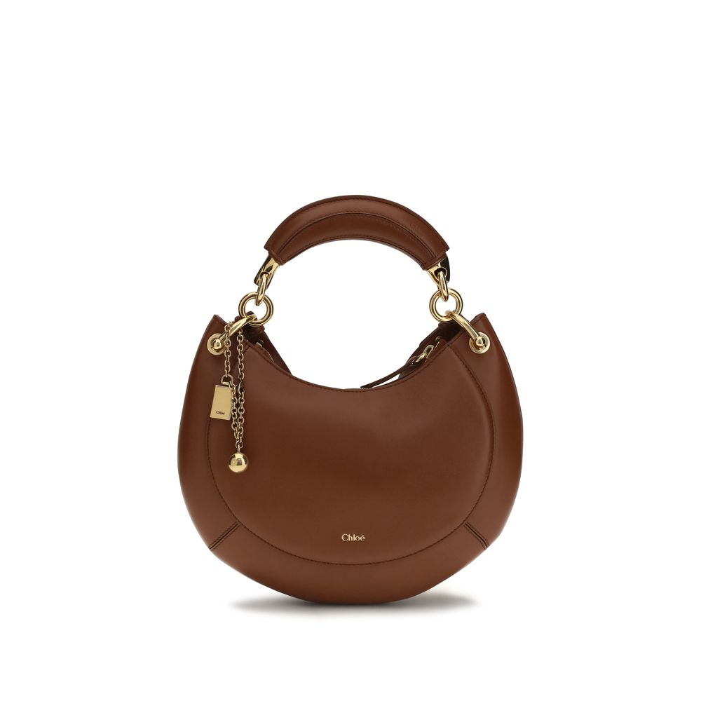 Chloé brown calf leather Bos Taurus shoulder bag with silver hardware and adjustable strap on a plain background.