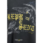 Represent black cotton T-shirt with crew neckline and short sleeves, displayed flat on a white background.