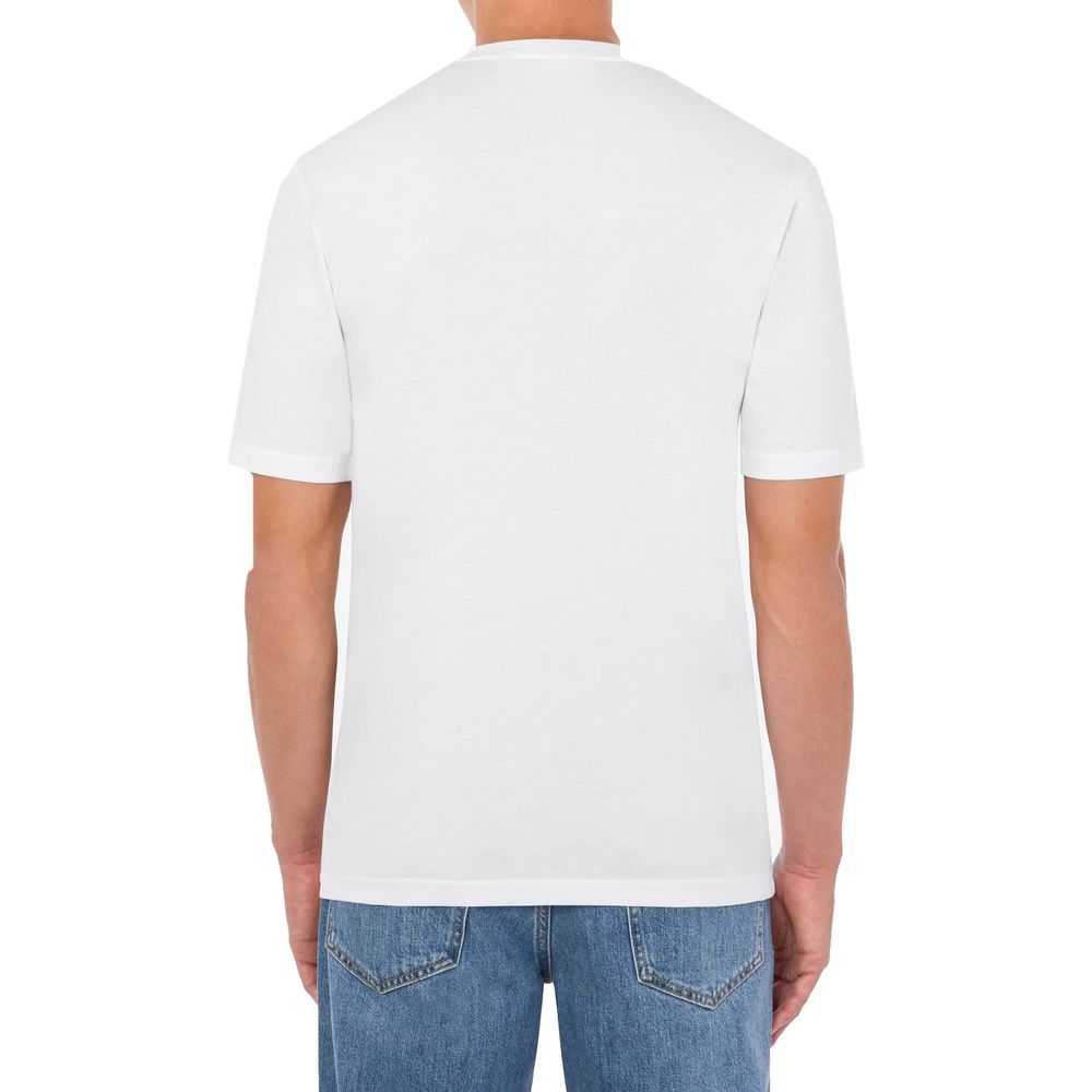 White cotton Moschino T-shirt with logo print, casual fit, short sleeves, and round neckline.