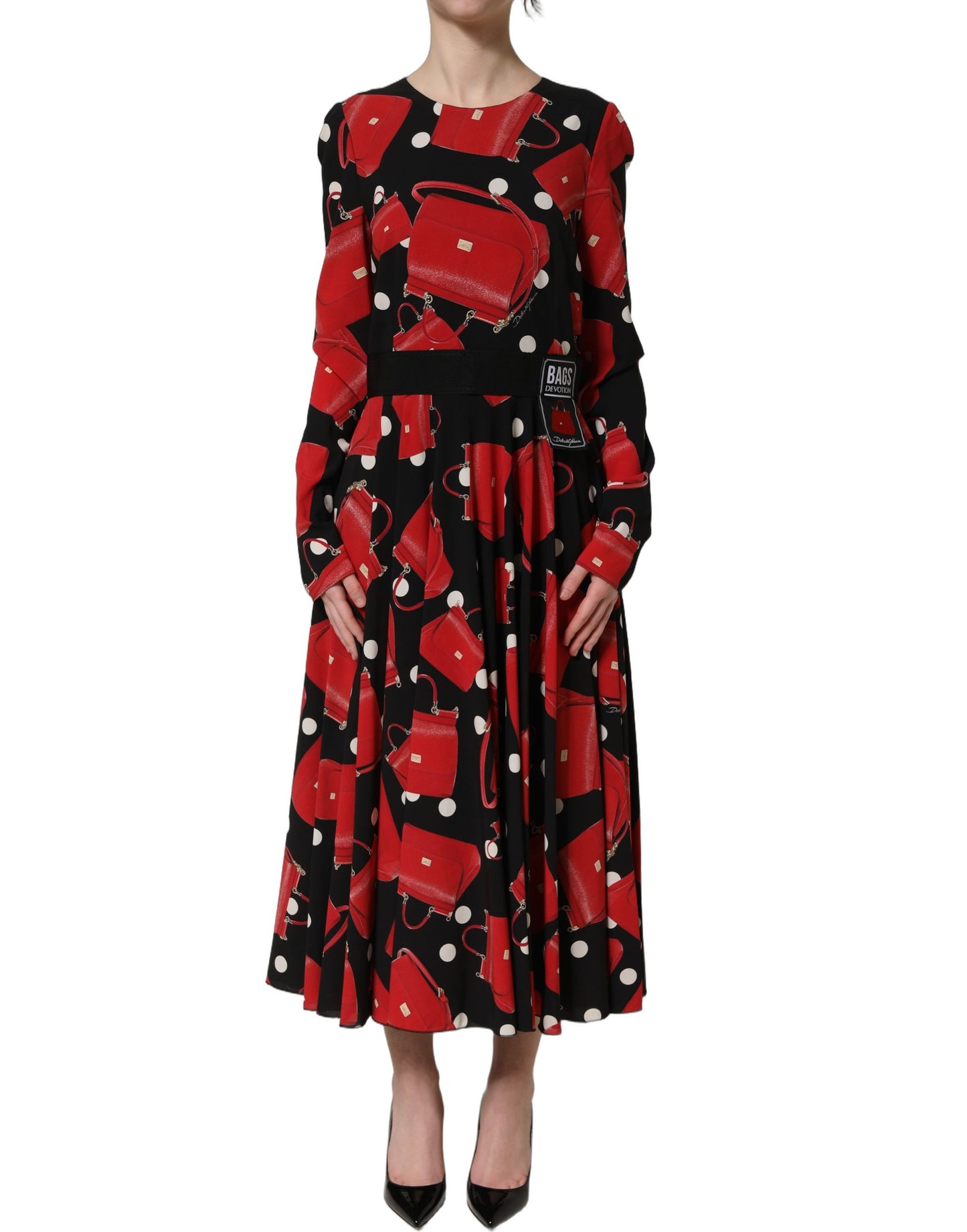 Dolce & Gabbana Black Handbag Print Long Sleeve Midi Dress Dolce & Gabbana