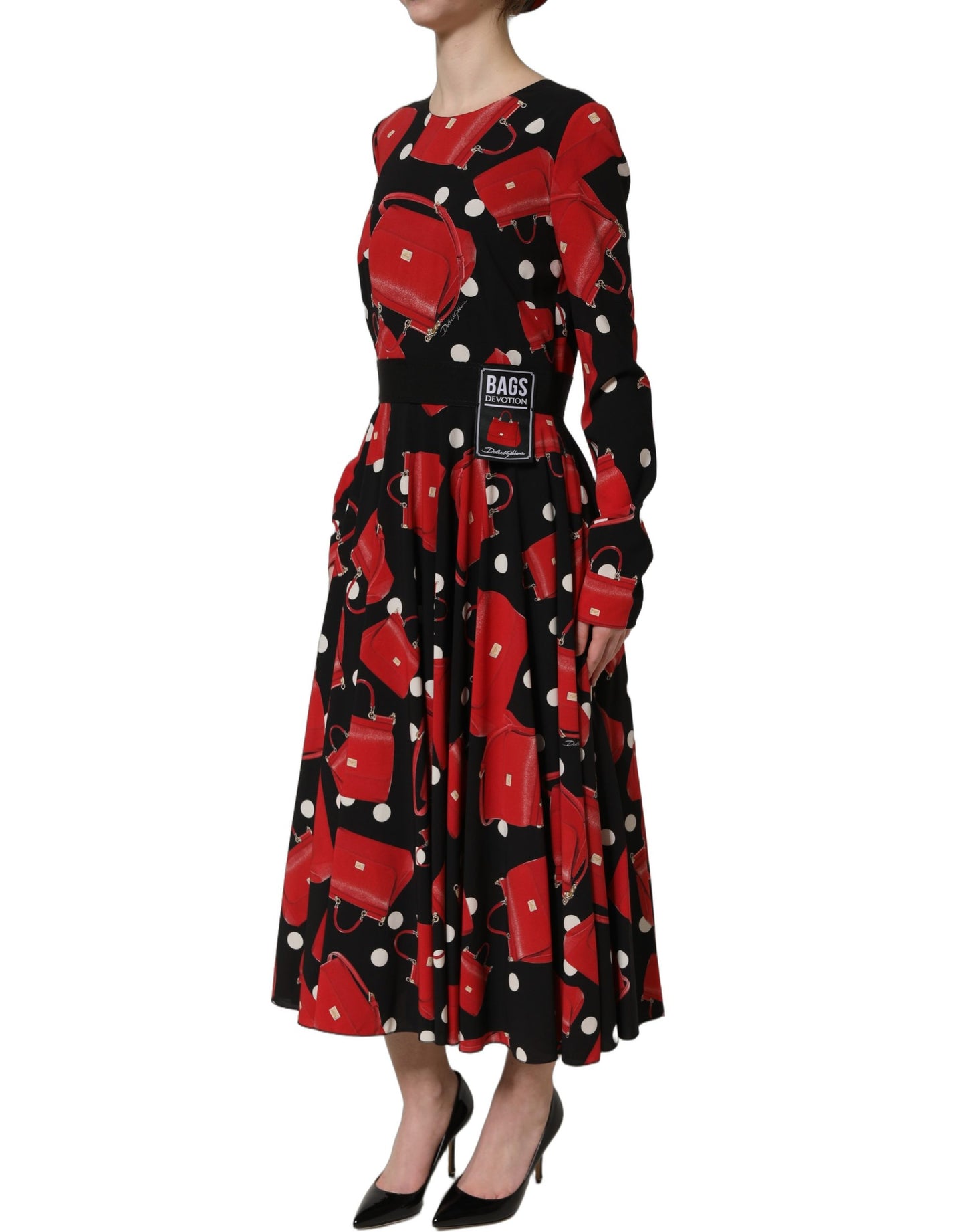 Dolce & Gabbana Black Handbag Print Long Sleeve Midi Dress Dolce & Gabbana
