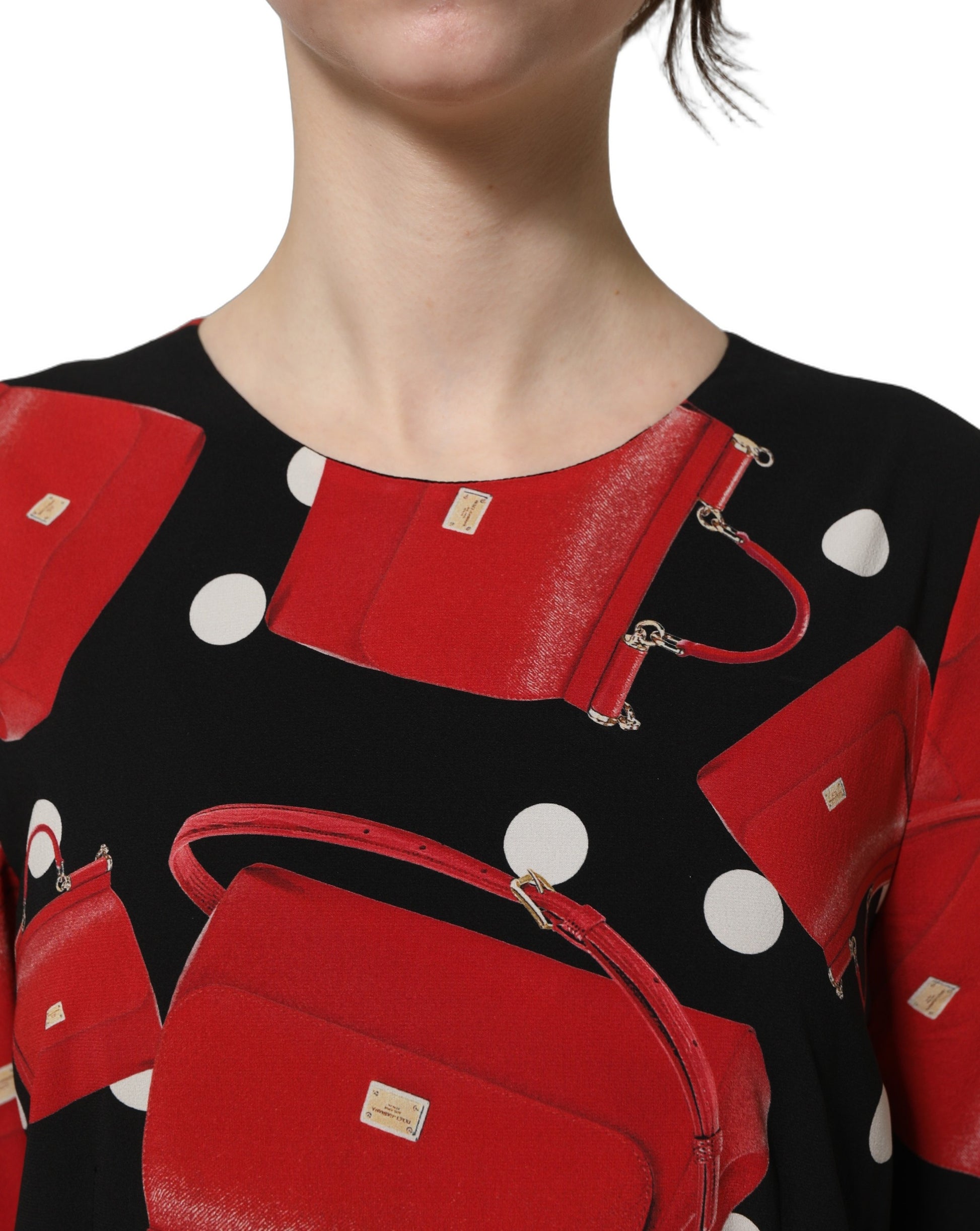 Dolce & Gabbana Black Handbag Print Long Sleeve Midi Dress Dolce & Gabbana