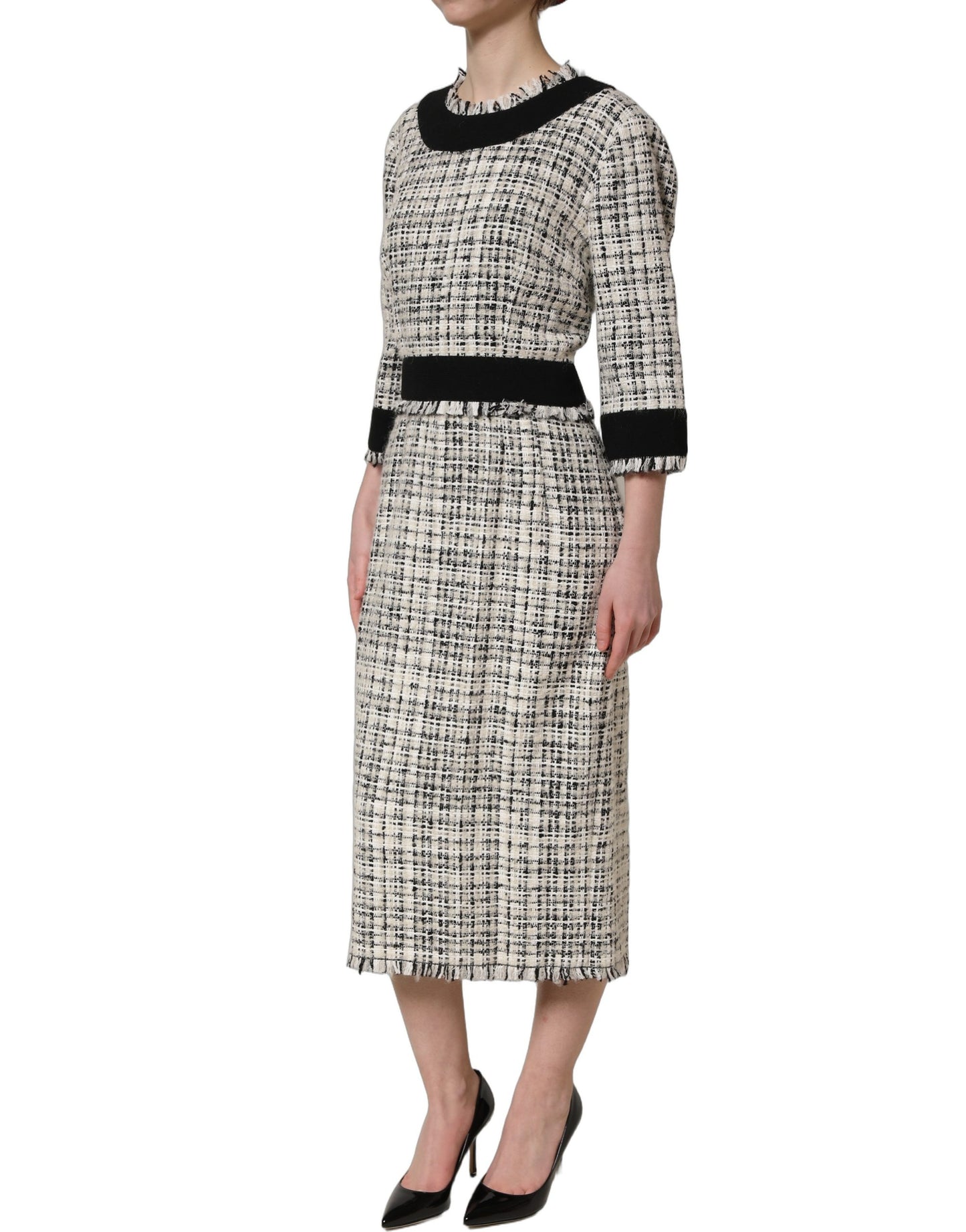 Dolce & Gabbana Multicolor Bouclé Tweed Frayed Trim Midi Dress Dolce & Gabbana