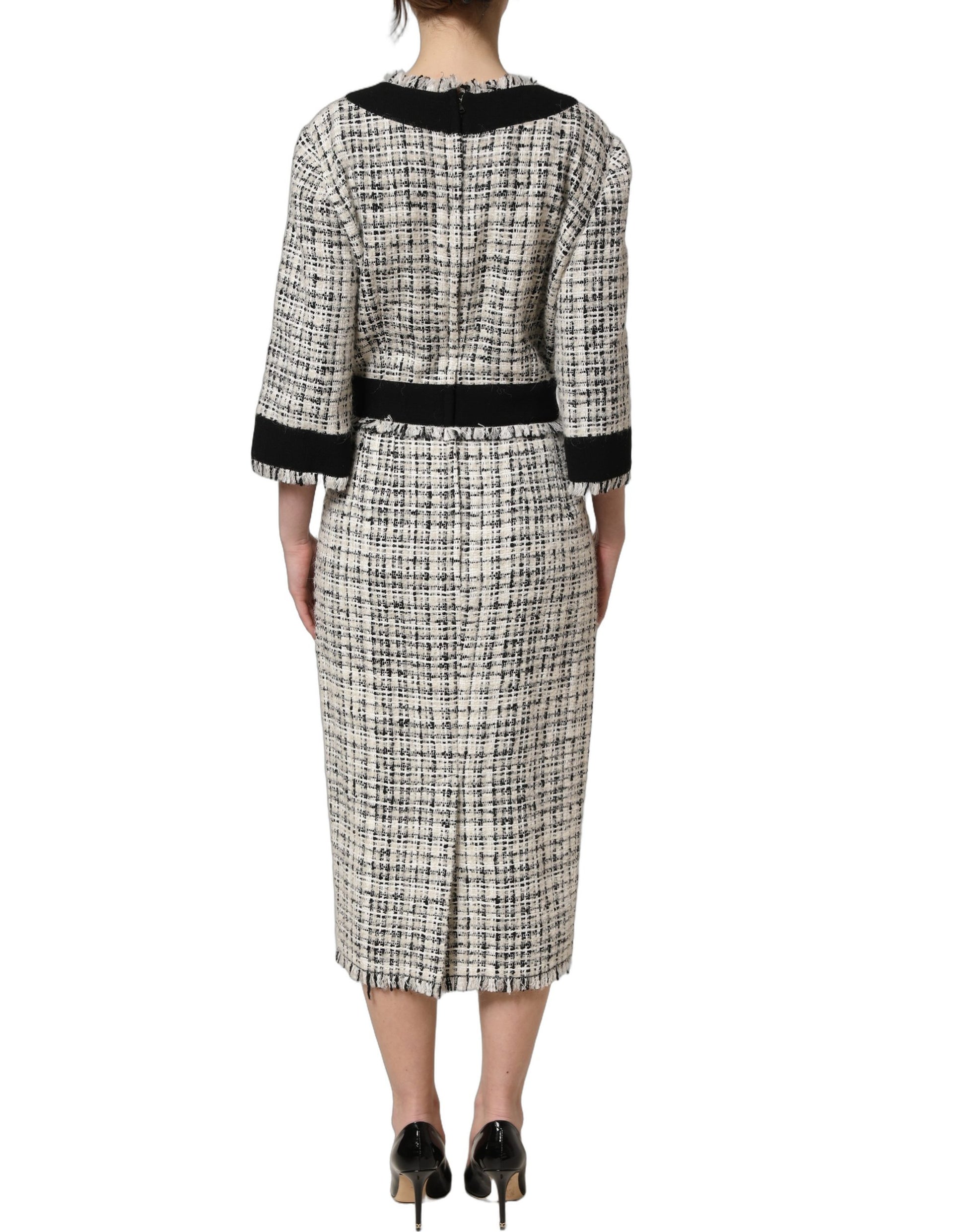 Dolce & Gabbana Multicolor Bouclé Tweed Frayed Trim Midi Dress Dolce & Gabbana
