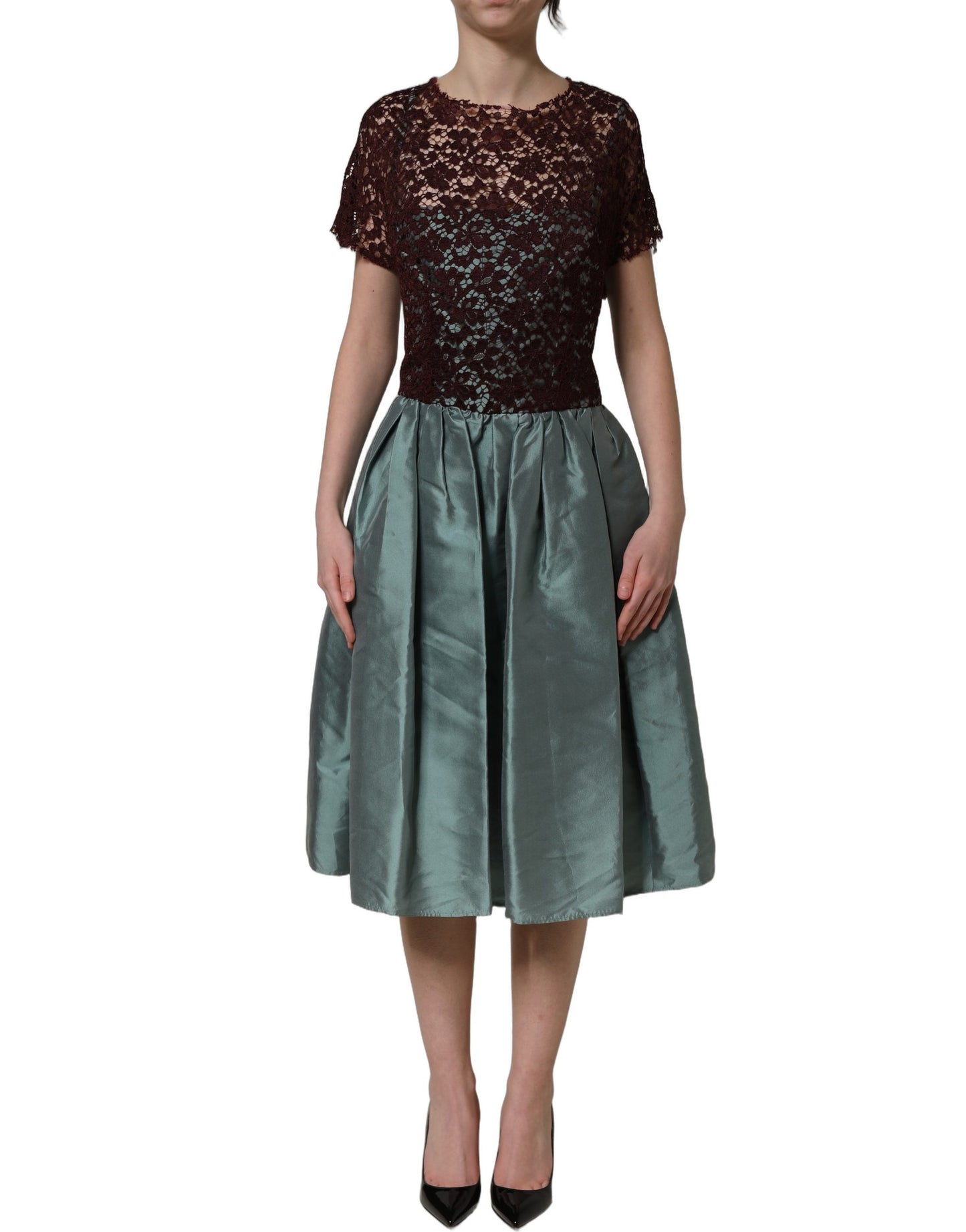 Dolce & Gabbana Multicolor Floral Lace Taffeta Pleated Midi Dress Dolce & Gabbana