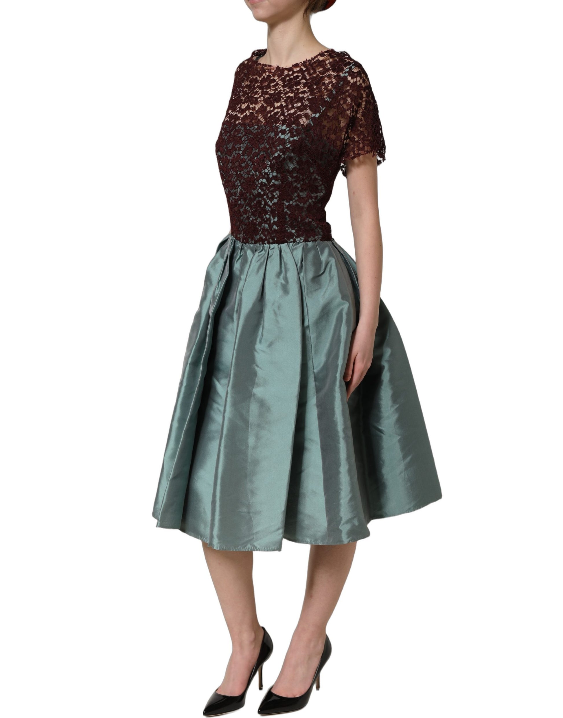 Dolce & Gabbana Multicolor Floral Lace Taffeta Pleated Midi Dress Dolce & Gabbana
