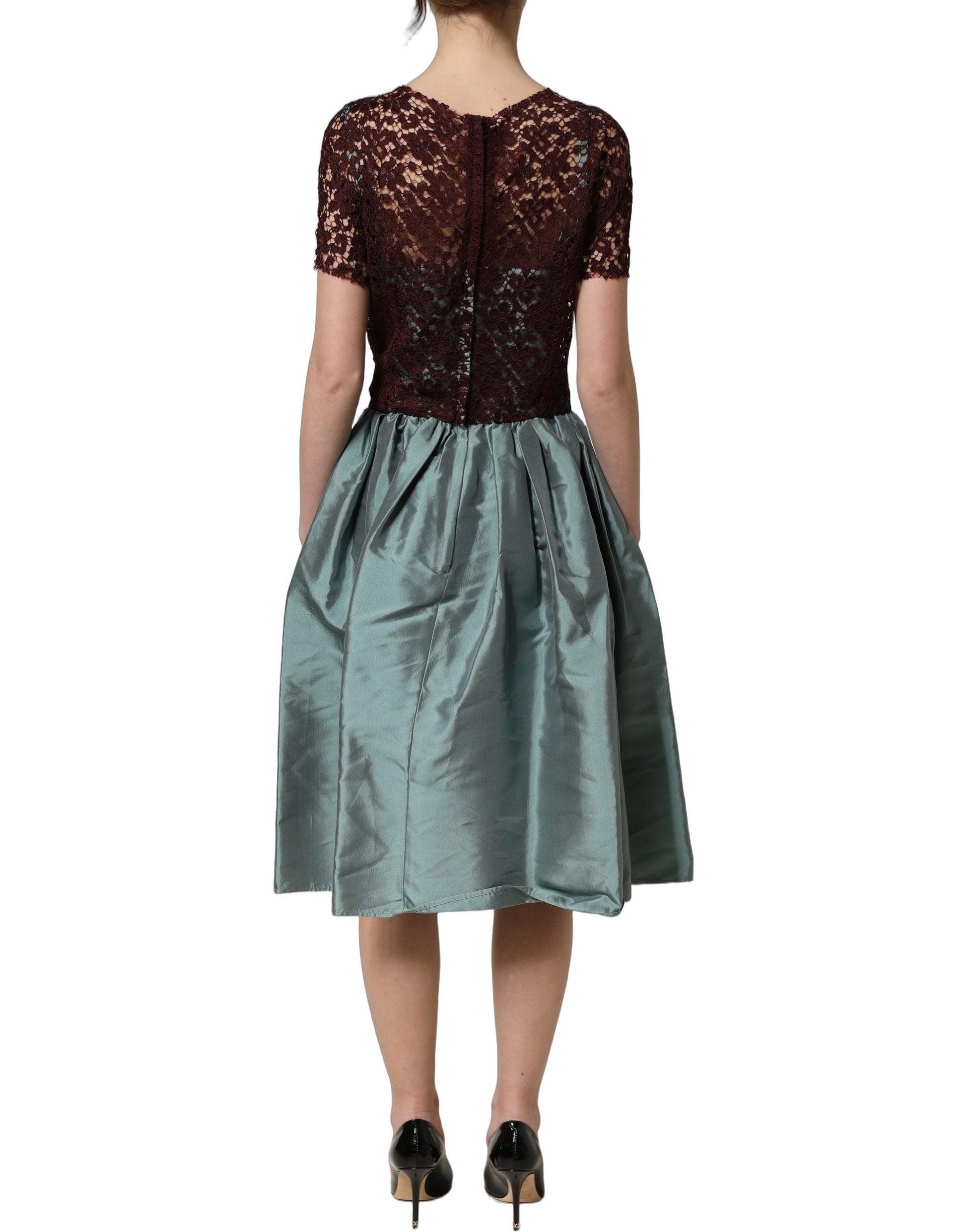 Dolce & Gabbana Multicolor Floral Lace Taffeta Pleated Midi Dress Dolce & Gabbana