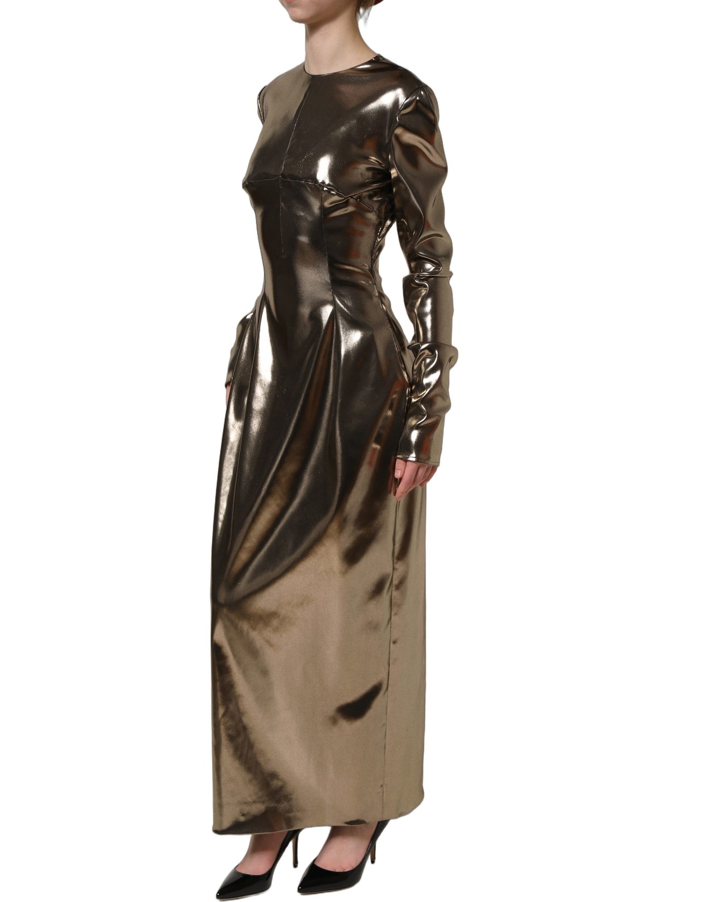 Dolce & Gabbana Metallic Gold Polyester LongSleeve Maxi Dress Dolce & Gabbana