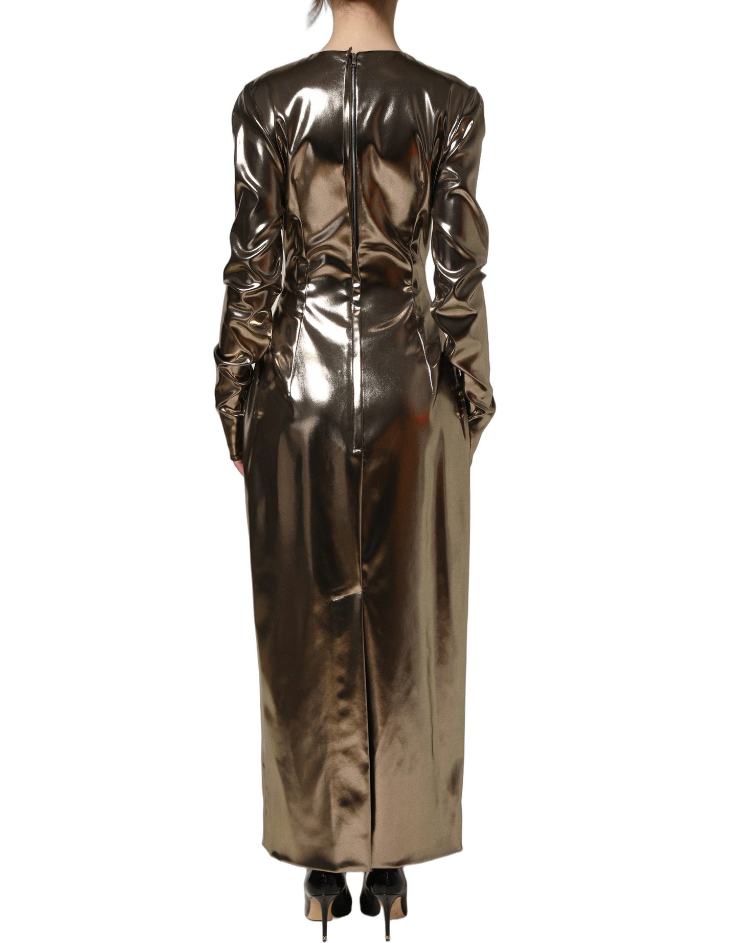 Dolce & Gabbana Metallic Gold Polyester LongSleeve Maxi Dress Dolce & Gabbana