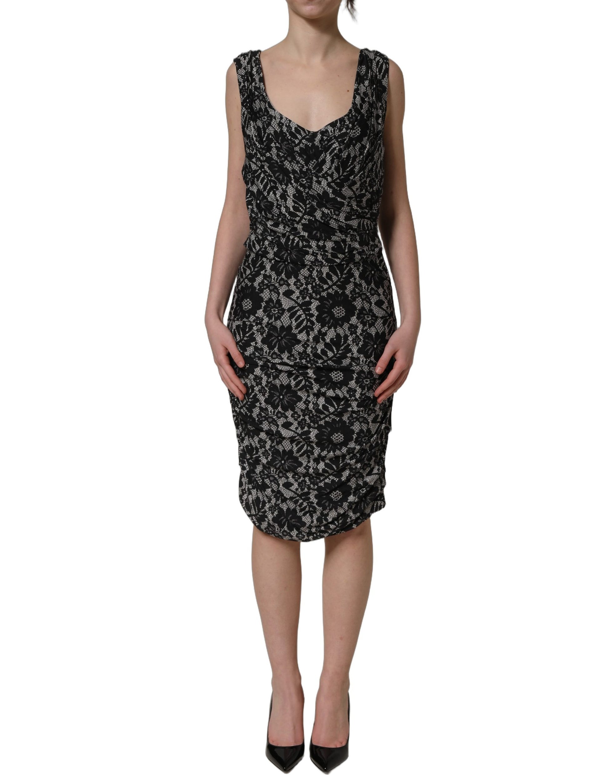 Dolce & Gabbana Black White Floral Lace Sleeveless Midi Dress Dolce & Gabbana