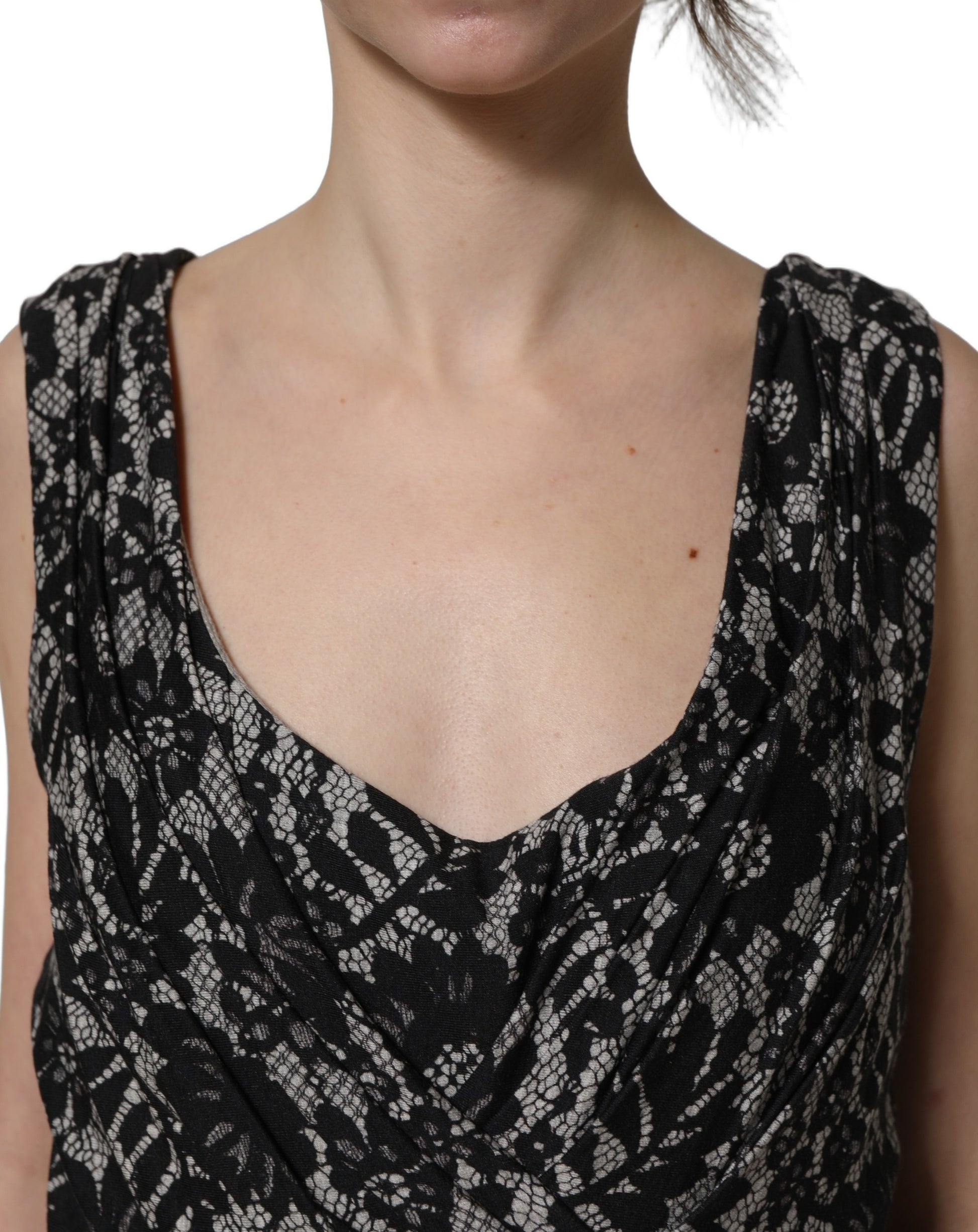 Dolce & Gabbana Black White Floral Lace Sleeveless Midi Dress Dolce & Gabbana