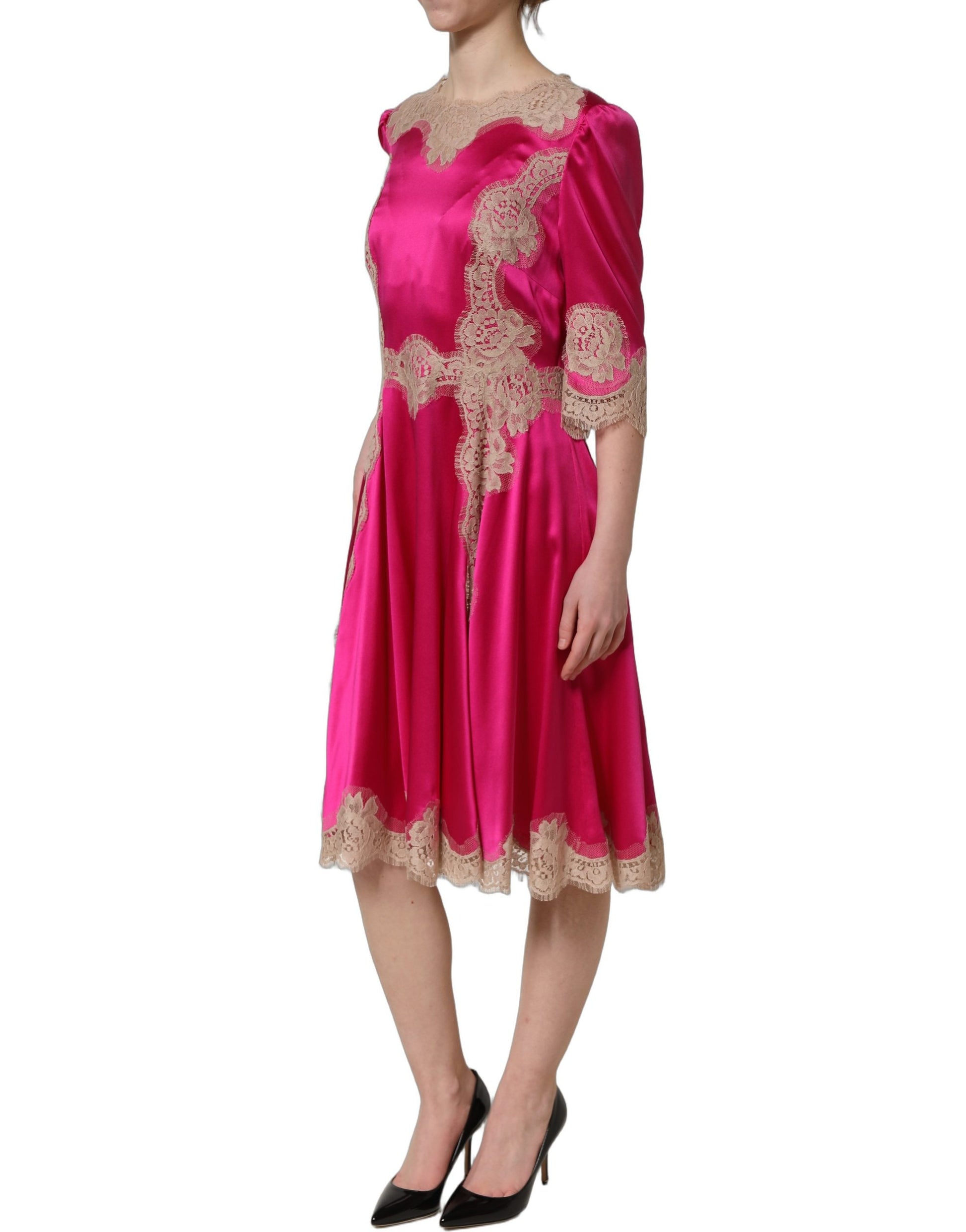 Dolce & Gabbana Fuchsia Pink Lace Detail A-line Midi Dress Dolce & Gabbana